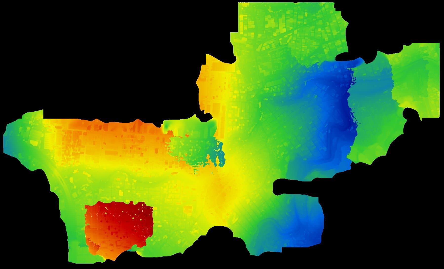 Colourised digital surface model showing relative elevation across an urban mapping area