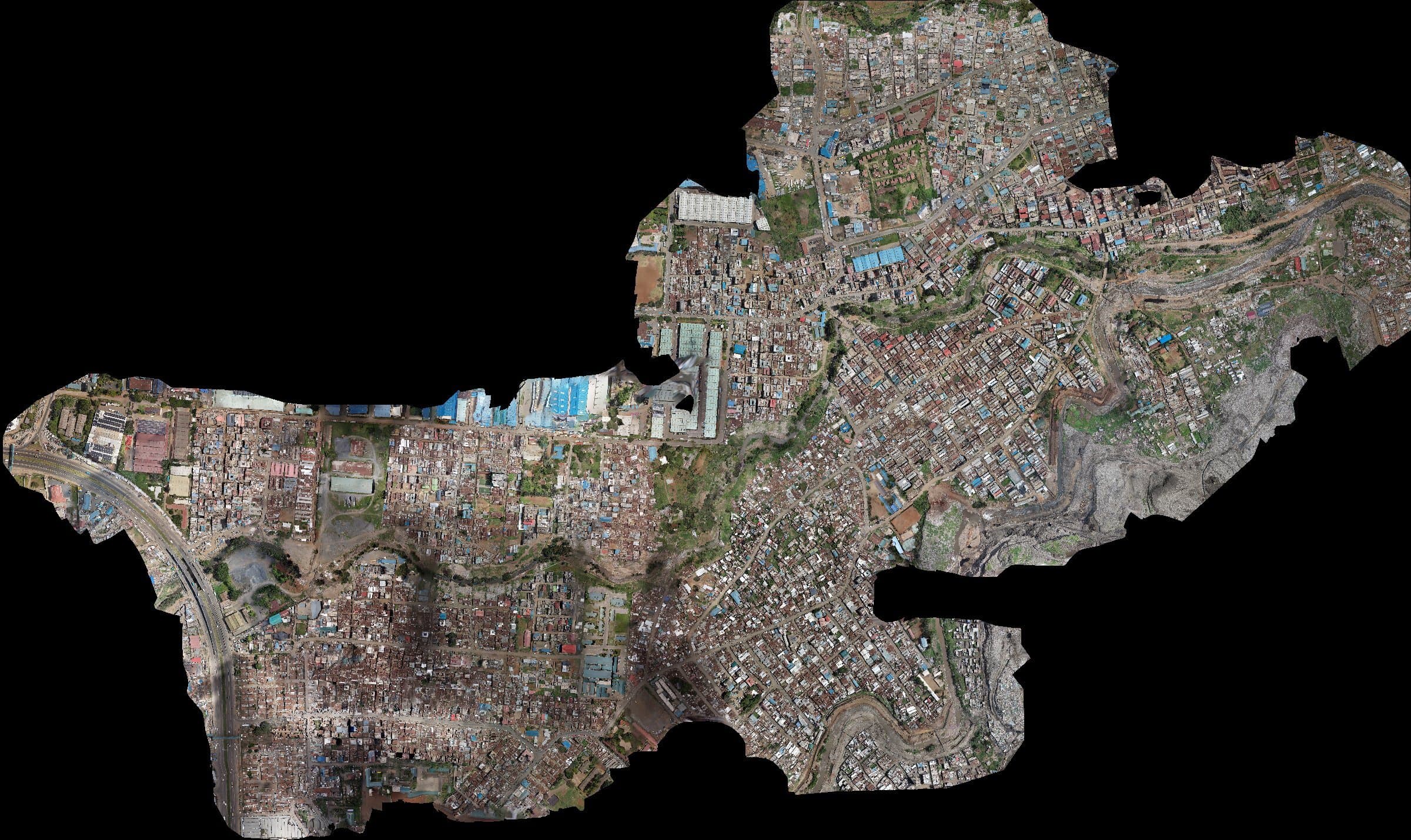 Orthomosaic aerial map showing dense urban neighbourhoods, roads and a river corridor